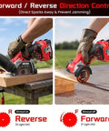 User demonstrating Forward/Reverse control on Heavy Duty 20V Compact Circular Saw With 3 Inch Brushless Motor And Dual 4Ah Batteries.