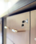 Heavy Duty Push Plunger Lock With Keys Plus Screws And Lock Rings For Drawers And Cabinets featuring a silver cylinder lock on a drawer.