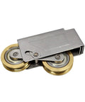 Slick Heavy Duty Sliding Door Rollers With Double Wheel Assembly And Muted Brass Wheels Aluminum Alloy Pulleys close-up view of steel glide hardware.