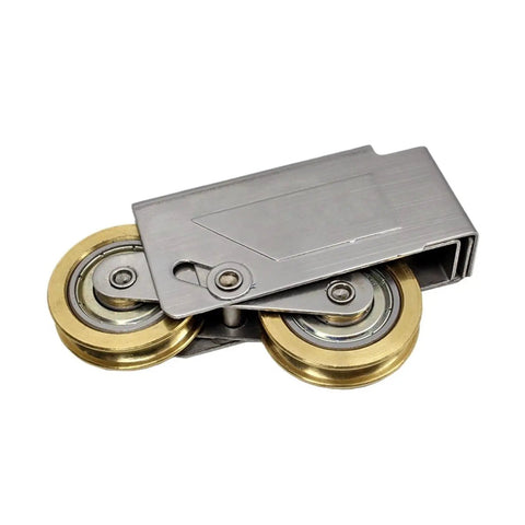 Slick Heavy Duty Sliding Door Rollers With Double Wheel Assembly And Muted Brass Wheels Aluminum Alloy Pulleys close-up view of steel glide hardware.