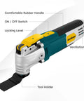Hardworking 28 Piece Oscillating Multi Tool With 2.5 Amp Corded Design and Six Variable Speeds features a rubber handle and tool holder.