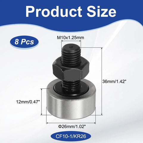 Rock Solid CF10-1 KR26 Cam Follower Bearings Set Of Eight Straight Up Premium Chrome Steel Needle Rollers With Locking Nuts, M10 size.