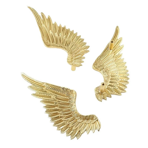 Heavy Duty Solid Brass Wardrobe Handles Featuring Slick Matte Gold Angel Wing Design And Badass Cabinet Knobs, three angles displayed.