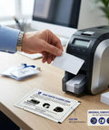 Universal Card Printer Cleaning Kit With Fifty Cr80 Maintenance Cards To Wash Dust Off Transport Rollers And Printheads Keeping Your Thermal Id Imager Running Slick With Zero Sweat And Straight Up Reliable Results Daily in use with card printer.