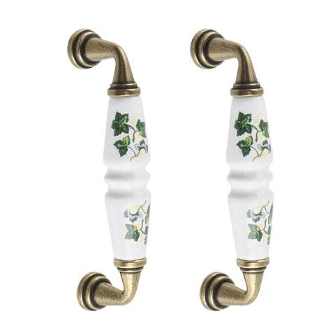 Fresh Vintage Ceramic Door Knobs And Tight Antique Bronze Drawer Pulls For Kitchen And Dresser Grab Handle With Green Flower Print Design. Pair of ceramic drawer pulls with bronze fittings.
