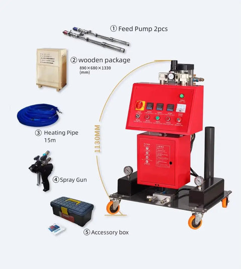 Portable Electric Polyurethane Spray Machine For Foam Insulation And Polyurea Coating Adjustable Pressure System with accessories.