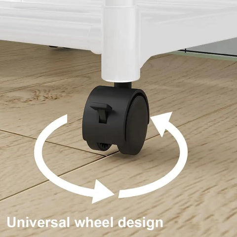 The Real Deal Five Tier Storage Rack Heavy Duty Metal Shelving Unit With Smooth Rolling Casters, featuring universal black wheels for mobility.