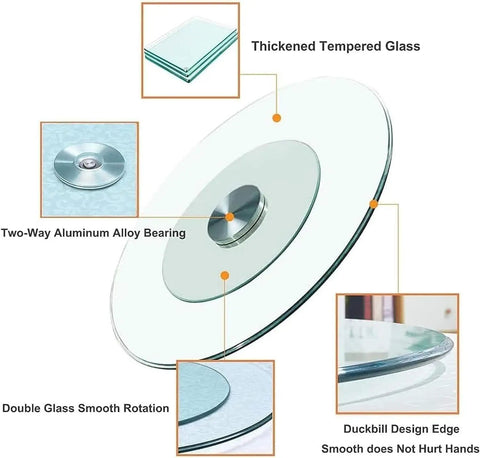 Large 36 Inch Tempered Glass Lazy Susan Turntable With Silent Smooth 360 Rotation Heat Resistant Serving Tray features thickened glass and aluminum bearing.