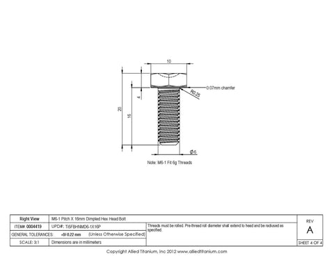 M6 Metric Titanium Hex Head Bolt dimensions and specifications, used for rugged marine and coastal repair jobs.