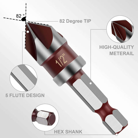 5-piece countersink drill bit set with 82-degree tips and 1/4-inch hex shanks for wood, metal, and plastic