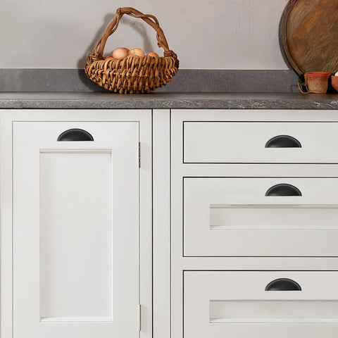 Two Pack Rock Solid Matte Black Drawer Pulls With 2.5 Inch Hole Center And Premium Zinc Alloy Build for white cabinet doors.