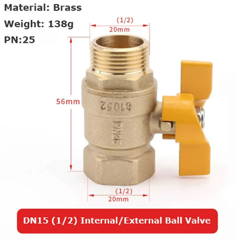 Rock Solid Brass Ball Valve With Comfort Grip Handle And No Sweat Male Female Threads For Quick Diy Plumbing Fixes Heavy Duty Water Shutoff close-up with yellow handle and dimensions shown.
