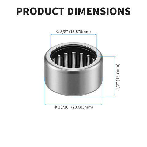 5 Pack SCE108 Needle Roller Bearings 5 8 Inch By 13 16 Inch By 1 2 Inch Premium Steel showing product dimensions and design.