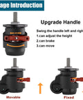 2 Inch Stem Leveling Caster Wheels With Ratchet Handle Height Adjustable Heavy Duty Casters usage guide showing movable and fixed positions.