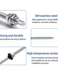 Heavy Duty Stainless Steel Hanger Bolts M10 X 200mm Featuring Tough As Nails Epdm Weather Seals Plus Preassembled Hex Locking Nuts For Solar Panel Roof Mounting Setup Zero Drama And Hella Durable Install close-up showing 304 stainless steel material and features.