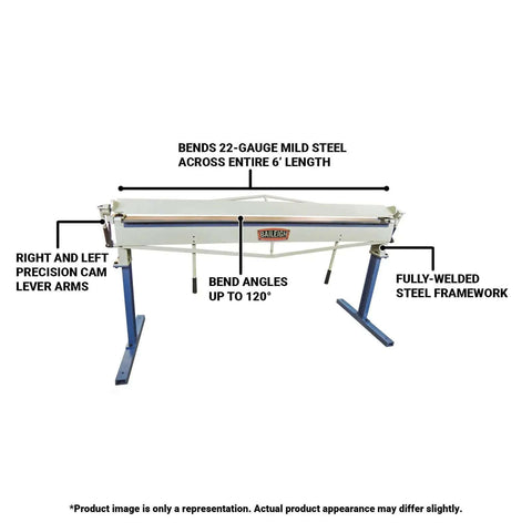 Front view of 72-Inch Manual Sheet Metal Brake For 22 Gauge Mild Steel And 20 Gauge Aluminum with full 6-foot capacity displayed.