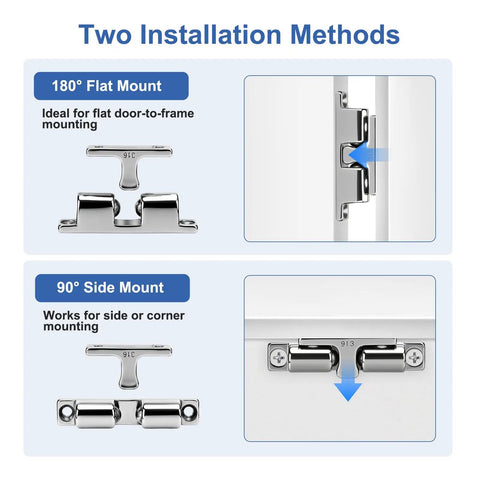 Two installation methods for Built Like A Tank Marine Double Roller Catch Latch 316 Stainless Steel, showing flat mount and side mount options.