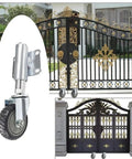 Heavy Duty Spring Loaded Gate Casters With Shock Absorbing Polyurethane Wheels for 220 lb gates, shown on ornate metal gates.