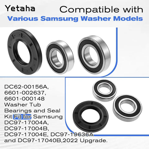 Hella Durable Washing Machine Tub Bearing And Seal Replacement Kit For Samsung Models with black rubber seal and silver metal bearings.