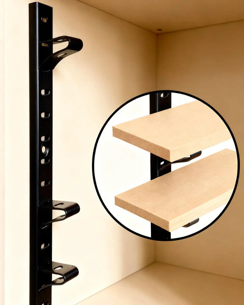 28 Pack Rock Solid Shelf Clips Adjustable Heavy Duty Steel Brackets Lock Tight On 255 And 256 Pilaster Strips Rust Resistant display with black clips and wood shelves.