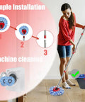 Spin Mop Head Base And Handle Replacement For OCedar EasyWring RinseClean Microfiber Spin Mop 2 Tank System Replacement Kit For Durable Clean Floors And Easy Wet Mopping. Woman using adjustable handle and microfiber mop head on wood floor.