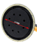 Varsity Grade Adjustable Wall Grinder Hooks Up To Shop Vac For Dust Free Putty Work 750W Motor Zips From 1300 To 2500 RPM With Canted Handle For Left Righties So You Can Smash Through Refinishes Like A Champ showing 180mm sanding pad with holes.