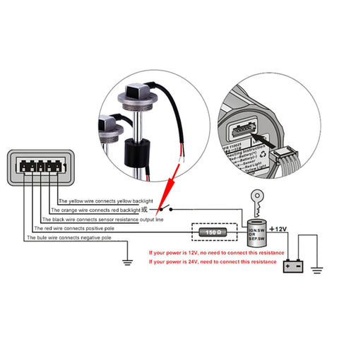 Rock Solid 300 mm Fuel Level Sender Sensor With 0-190 Ohm Signal 316 Stainless Steel wiring diagram and connections for installation.