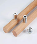Heavy Duty Beech Wood Door Pull With Solid 304 Stainless Connector, showing bars and fittings for sauna or bathroom entry.