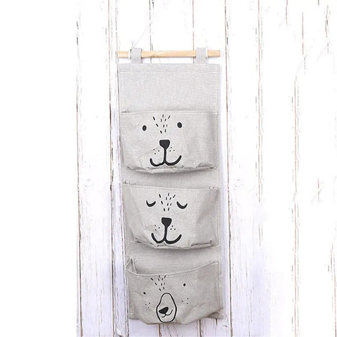 Three Pocket Wall Mounted Closet Organizer Hanging Storage For Clothes Tissue Socks Small Essentials Super Tough Cotton Linen Fabric, featuring bear designs.