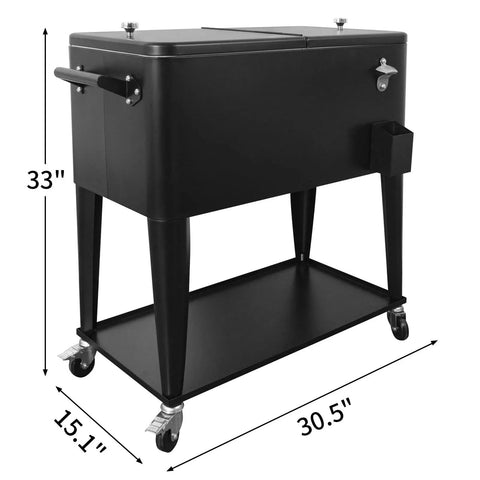 Portable Rolling Cooler Cart On Wheels With Shelves For Outdoor Parties Patio Deck Backyard Bbq Bar Beverage Service 80 Quart Ice Chest With Bottle Opener And Locking Casters Black, black