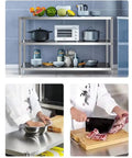 Tough As Nails 3 Tier Stainless Steel Shelving Rack For Kitchen Garage And Warehouse Heavy Duty Adjustable Storage Unit Rust Resistant Anti Slip Design with cookware and fruits.