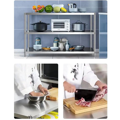 Tough As Nails 3 Tier Stainless Steel Shelving Rack For Kitchen Garage And Warehouse Heavy Duty Adjustable Storage Unit Rust Resistant Anti Slip Design with cookware and fruits.