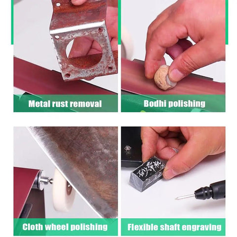 Pro Level Micro Belt Sander And Polisher No Hassle Stepless Speed Control Tough Metal Body High RPM Motor working on metal rust removal and engraving.