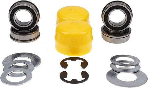 Heavy Duty Front Axle Bushing To Bearing Swap Rebuild Kit For Farm Tractor Rigs And Lawn Mowers, components including bearings and washers.