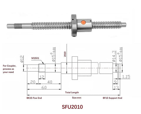 Heavy Duty 20Mm Cnc Ballscrew Kit With Anti Backlash Design Includes 116 Inch Lead Screw Assembly SFU2010 with dimensions shown