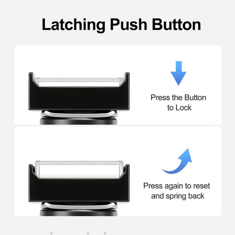 Latching push button showing lock and reset with Five Pack Sixteen Millimeter Latching Push Button Switches With Beefy Blue Rectangular Caps And 12V DC LED Indicator, SPDT Five Pin 1NO Plus 1NC, 5A 250V AC, Industrial Grade Panel Switches.