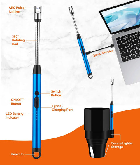 Blue USB arc lighter with 360-degree rotating rod and Type-C charging, shown near a laptop
