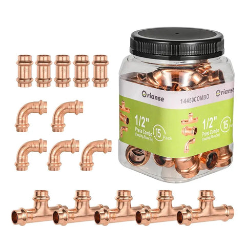 15 Piece Pro Grade Pro Press Fittings Kit For Copper Pipe Half Inch Heavy Duty Brass Lead Free NSF cUPC Elbow Tee Coupling