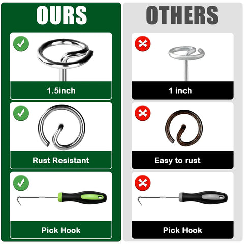 Comparison of 1.5-inch rust-resistant landscape staples with 1-inch rust-prone alternatives, including pick hook tool view.