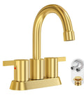 Brushed Gold 4 Inch Centerset Lead Free Bathroom Faucet With Two Handles Dope Swivel Spout Copper Pop Up Drain And Two Water Supply Lines