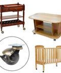Top Shelf 4 Pack Heavy Duty Furniture Caster Wheels In Antique Brass With 360 Degree Swivel Tops, shown under furniture.