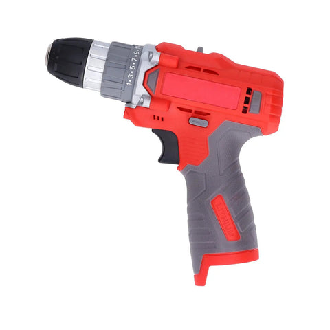 Heavy Duty Cordless Drill Driver Pumping 52 Nm Of Raw Torque With 25 Adjustable Speeds And Instant Reverse Switches side view in red plastic casing.