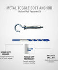 Hollow Wall Mounting Kit With Toggle Bolts And Drill Bit For Drywall And Ceilings, Heavy Duty Metal Anchor Set In Silver