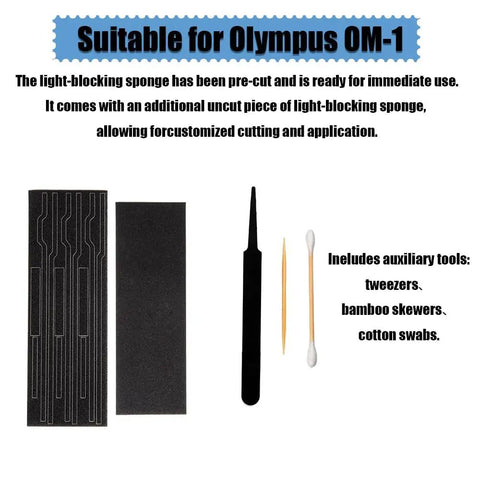 Precision Cut Self Adhesive Light Seal Foam Kit To Fix Light Leak Blues On Vintage Film Cameras No Sweat Repair With Strong Grip Tape Backing, showing pre-cut sponge for Olympus OM-1 and auxiliary tools.