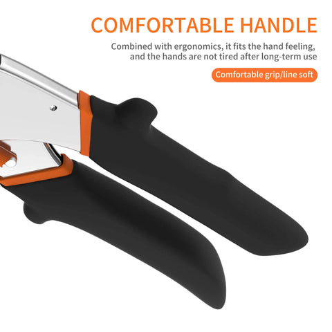 Close-up of comfortable handle on multi-angle miter shear cutter set adjustable 45 to 135 degrees for quarter round molding, trim, PVC.