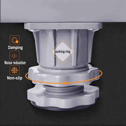Close-up of No Sweat Adjustable Washing Machine Rollers with telescopic legs featuring a locking ring and non-slip base.