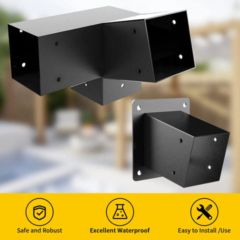 15 Degree Angled Pergola Roof Bracket Kit With Heavy Duty Galvanized 3 Way Slanted Post Connector And Wall Mount Base For 3.5 By 3.5 Inch Wood Beams DIY Pavilion Porch Deck Brackets Four Pack