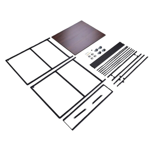 Rock Solid Heavy Duty 3D Printer Stand With High Capacity Filament Storage Rack Featuring A Knockout Beech Worktop And A Legit Alloy Steel Frame Built Tough To Carry A Massive 300 Pounds assembly parts including black steel frames and wood top.