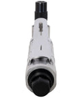 Hella Versatile 1/4 Inch Air Angle Die Grinder With Bendable 90 Degree Pivot Head Variable Speed Aluminum Body viewed from the front.