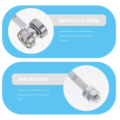 Close-up of Top Notch Sliding Door Rollers With Double Bearing Pulley Kit, showcasing smooth gliding wheels and 8mm bolt.